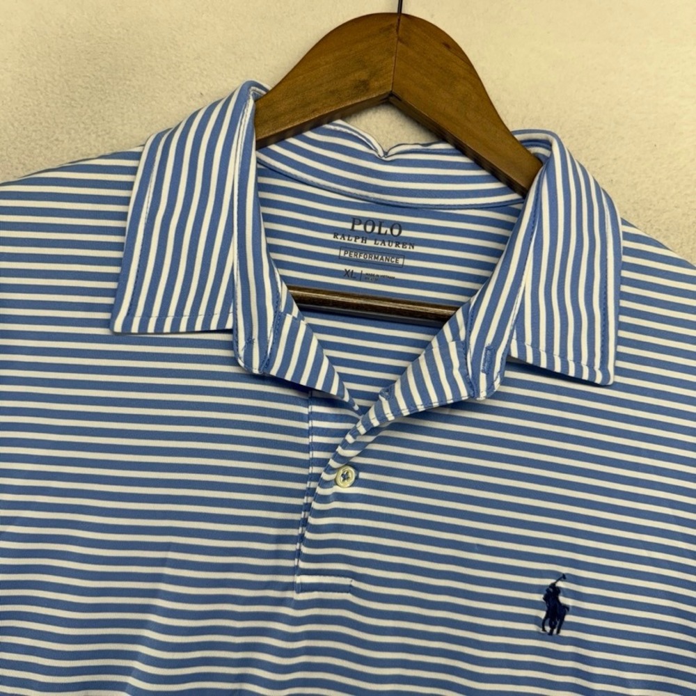 Ralph Lauren Polo Shirt Mens XL Blue White Golf Performace Pony Embroidered